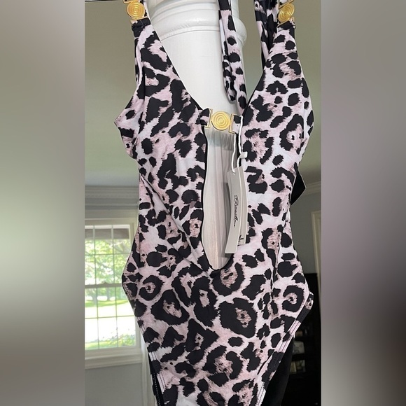 Brazilian women’s animal print metalic gold accents one piece swimsuit high tie - Picture 2 of 6
